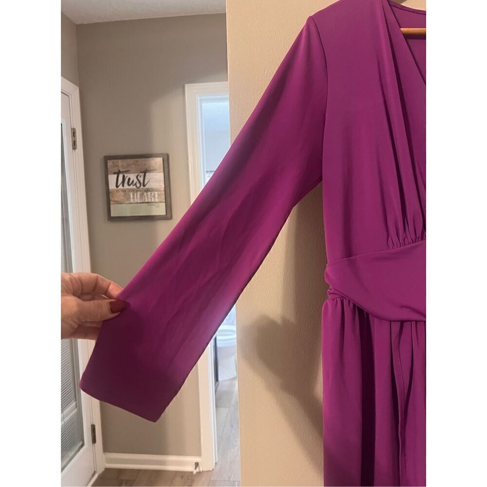 Express L Draped V-Neck Strong Shoulder Mini Dress Magenta Purple Asymmetrical - Picture 7 of 9